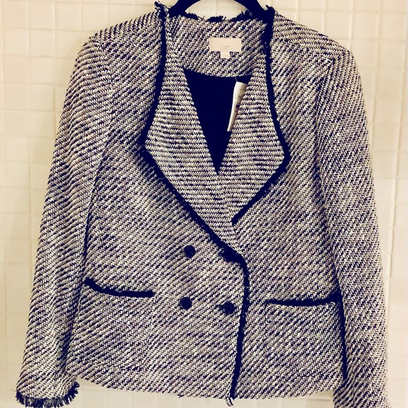 Loft black and white tweed jacket double-breasted fringe size 2 - Picture 3 of 7